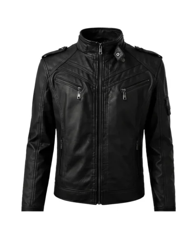 Black Slim Fit Men Quilted Biker Leather Jacket Front View