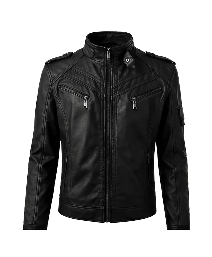 Black Slim Fit Men Quilted Biker Leather Jacket Front View
