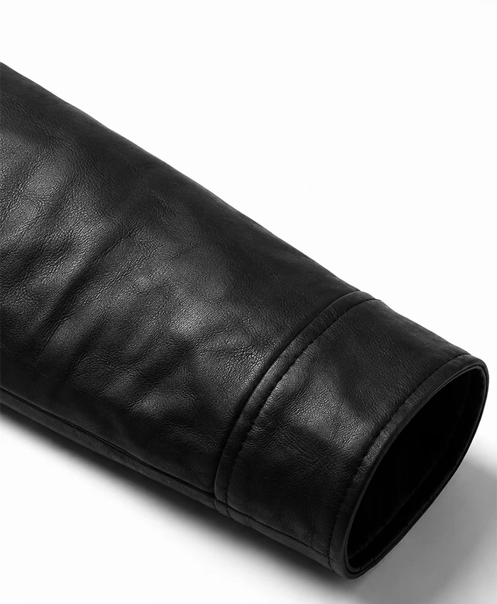 Black Slim Fit Men Quilted Biker Leather Jacket Sleeve Close Up