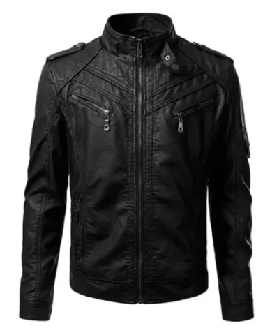 Black Slim Fit Quilted Biker Leather Jacket For Mens