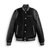 Black Varsity Bomber Leather Jacket With Stripes For Men’s