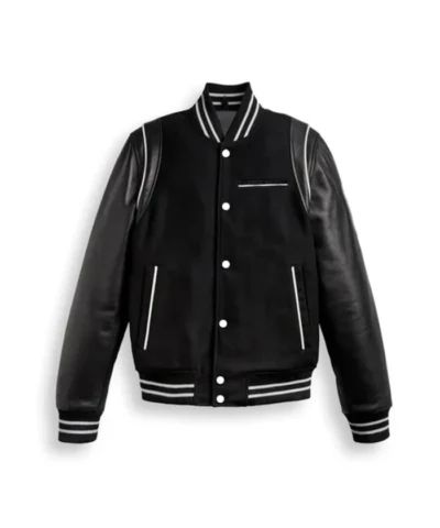 Black Varsity Bomber Leather Jacket With Stripes For Men’s