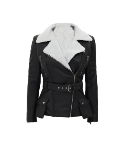 Carrie Women’s Black Shearling Belted Leather Jacket