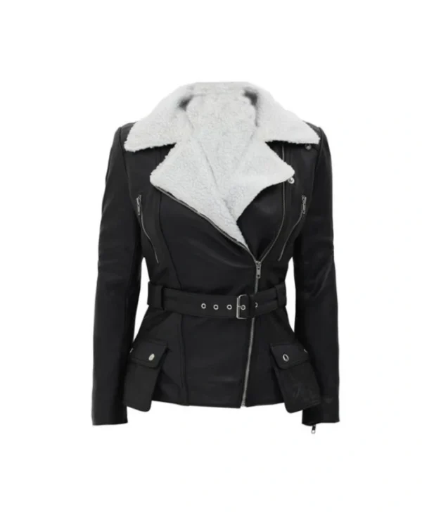 Carrie Women’s Black Shearling Belted Leather Jacket