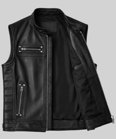 Black Zipper Pockets Leather Biker Vest For Men