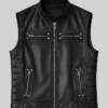 Black Zipper Pockets Leather Biker Vest For Mens