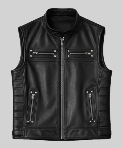 Black Zipper Pockets Leather Biker Vest For Mens