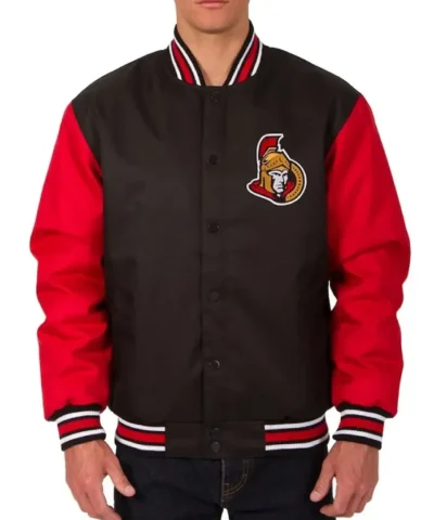 Front Hit Ottawa Senators Full-Snap Varsity Poly Twill Black and Red Jacket