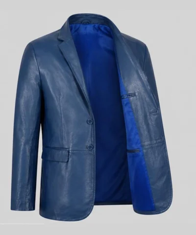Blue Classic Leather Blazer For Men