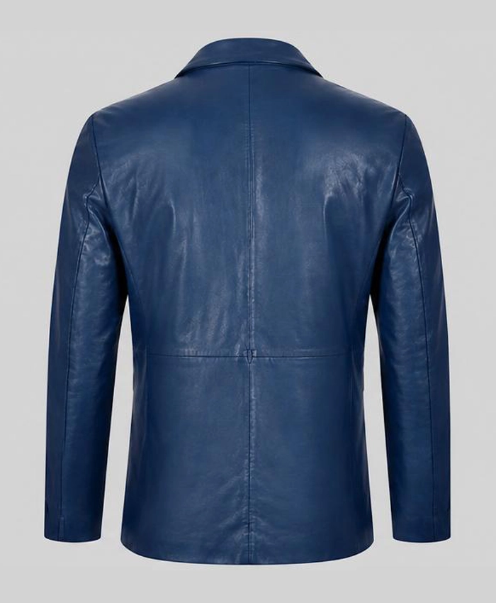 Blue Classic Leather Blazer For Men Back
