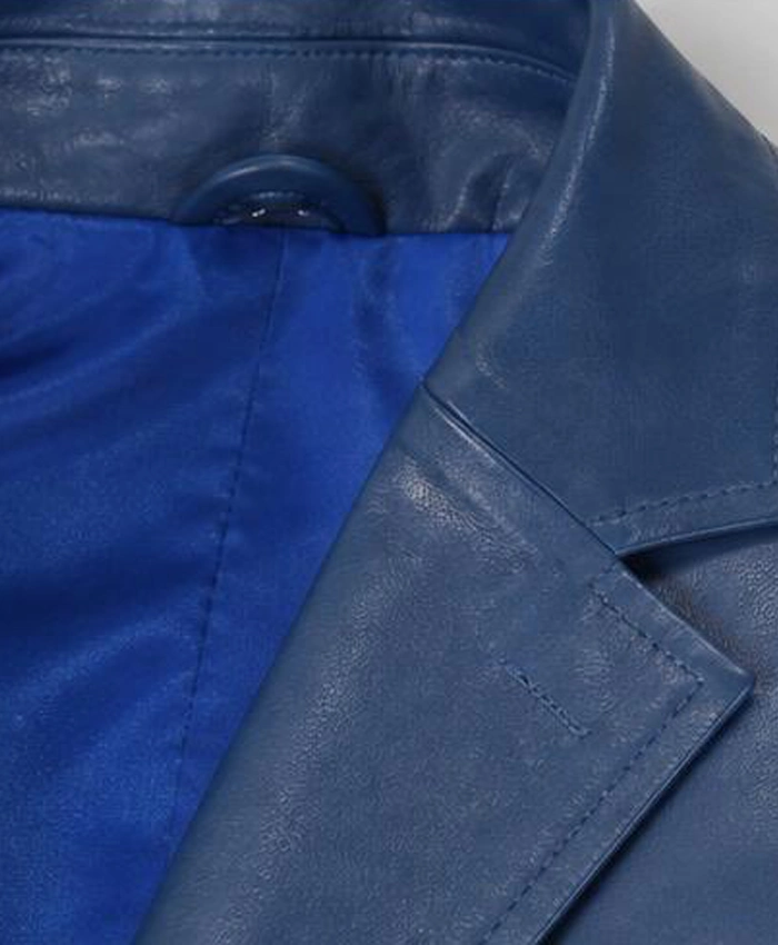 Blue Classic Leather Blazer For Men Collar