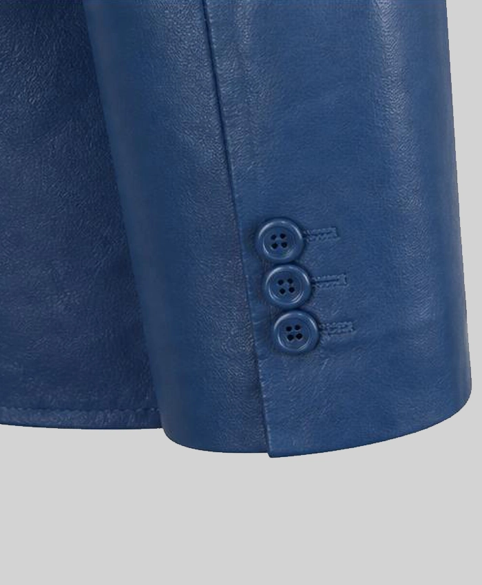 Blue Classic Leather Blazer For Men Cuffs