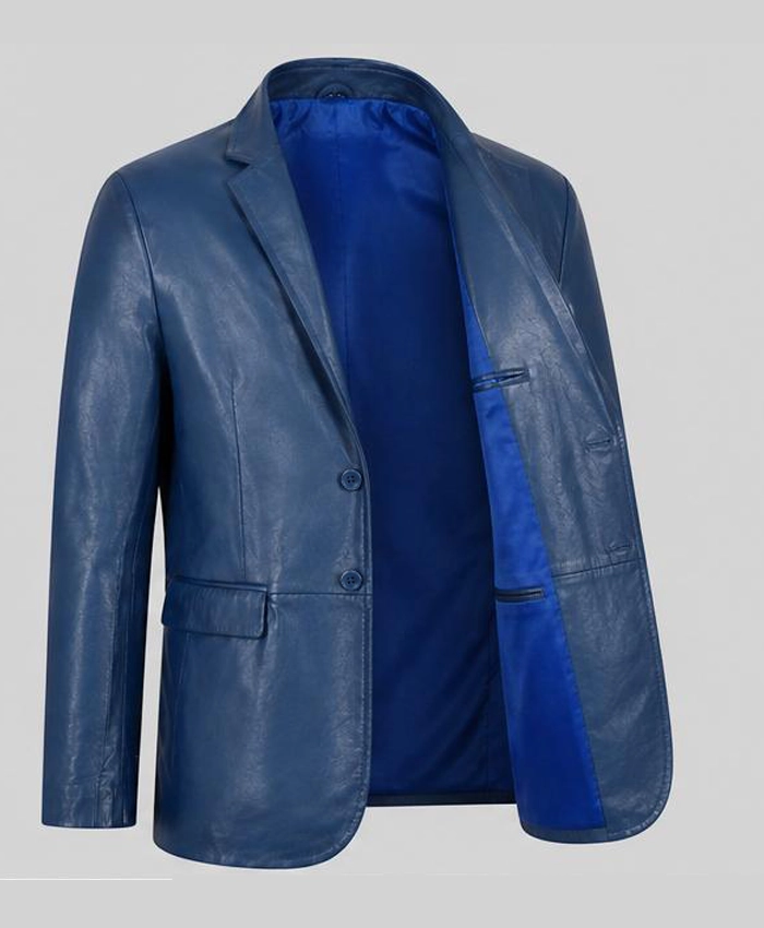Blue Classic Leather Blazer For Men