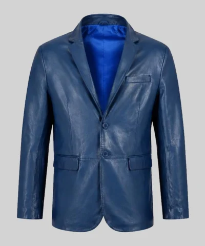 Blue Classic Leather Blazer For Mens