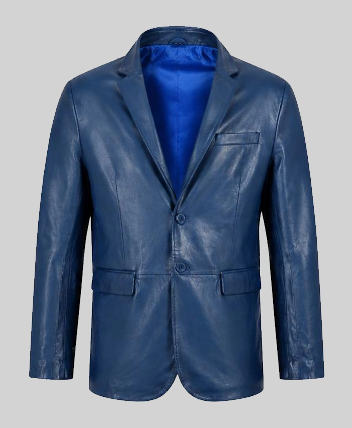 Blue Classic Leather Blazer For Mens