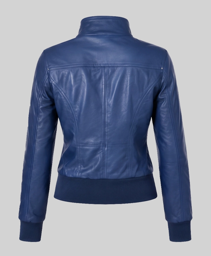 Blue Leather Bomber Jacket For Womens
