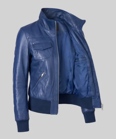 Blue Leather Bomber Jacket Women