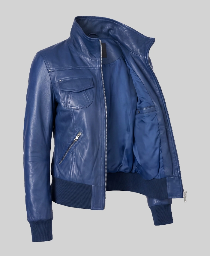 Blue Leather Bomber Jacket Women