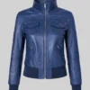 Blue Leather Bomber Jacket Womens