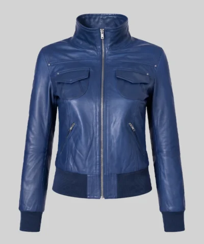 Blue Leather Bomber Jacket Womens
