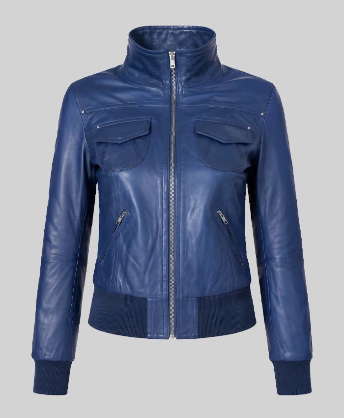 Blue Leather Bomber Jacket Womens