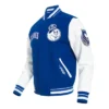 BlueWhite Sacramento Kings 202425 City Edition Chenille Varsity WoolLeather Jacket