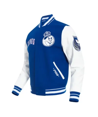 BlueWhite Sacramento Kings 202425 City Edition Chenille Varsity WoolLeather Jacket