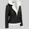 Bomber Leather Jacket Removable Hood For Women