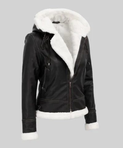 Bomber Leather Jacket Removable Hood For Women