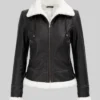 Bomber Leather Jacket with Removable Hood For Women