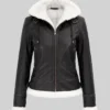 Bomber Leather Jacket with Removable Hood For Womens