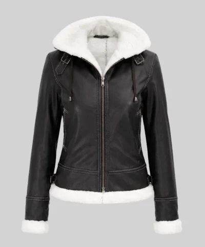 Bomber Leather Jacket with Removable Hood For Womens
