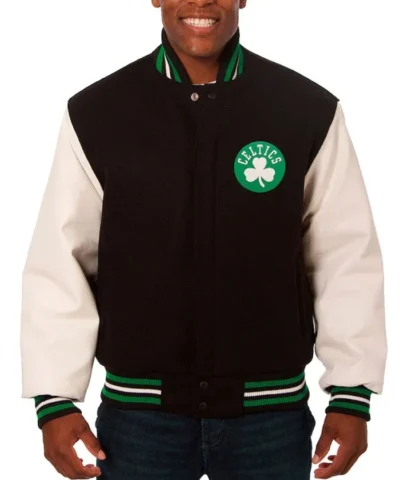 Boston Celtics Black and White Varsity Wool & Leather Full-Snap Jacket