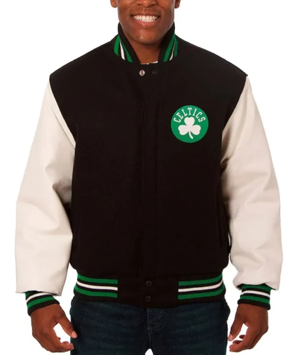 Boston Celtics Black and White Varsity Wool & Leather Full-Snap Jacket