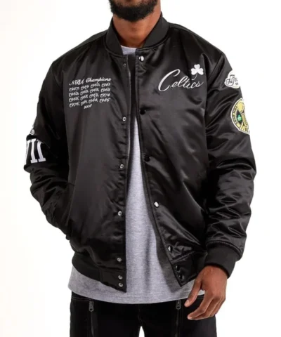 Boston Celtics Championship Full-Snap Satin Black Varsity Jacket