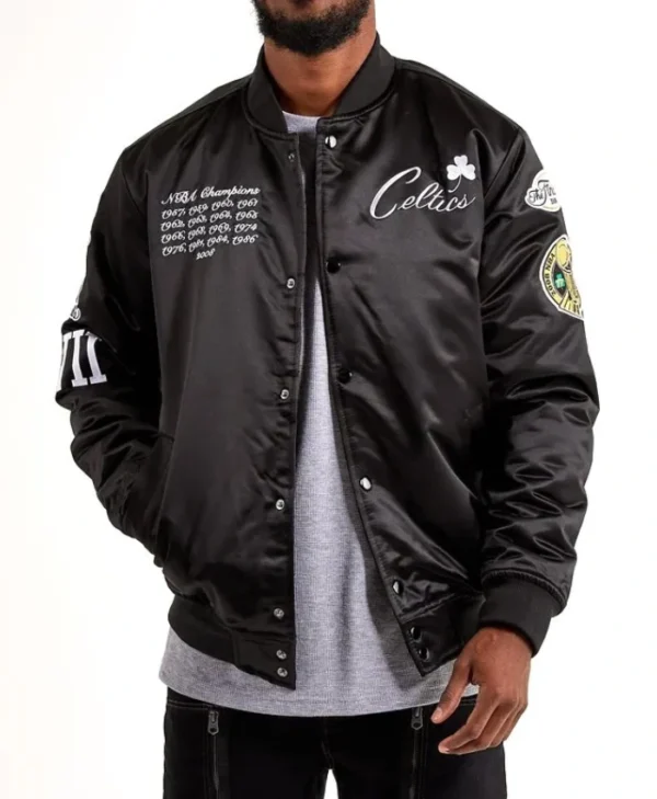 Boston Celtics Championship Full-Snap Satin Black Varsity Jacket