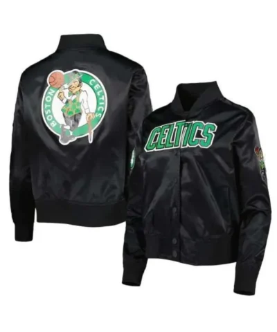 Boston Celtics Classics Full-Snap Satin Black Bomber Jacket