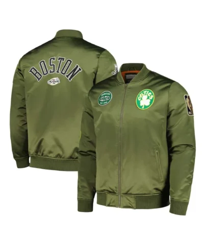 Boston Celtics Classics Retro Full-Zip Olive Satin Bomber Jacket