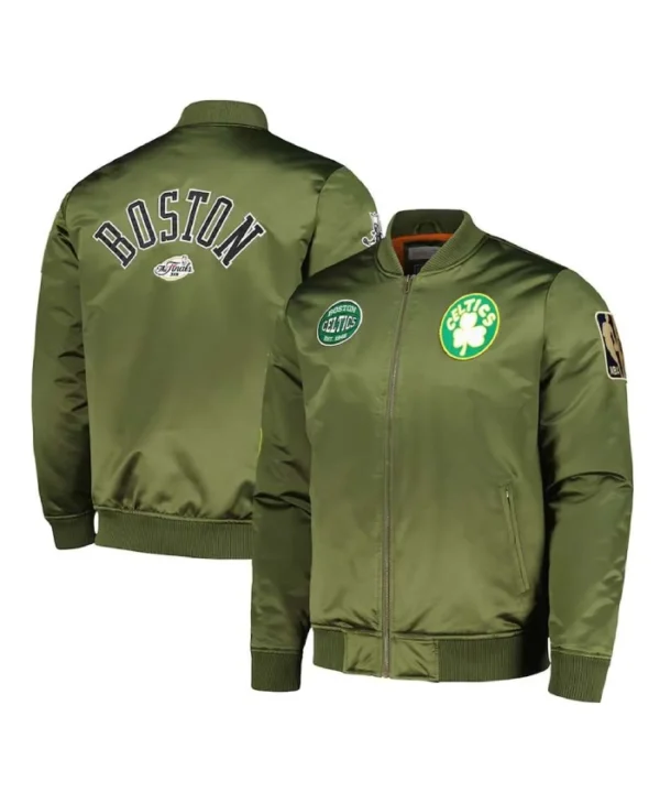 Boston Celtics Classics Retro Full-Zip Olive Satin Bomber Jacket