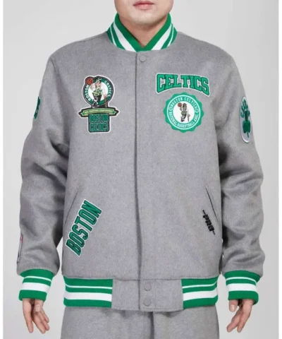 Crest Emblem Boston Celtics Heather Full-Zip Grey Wool Jacket