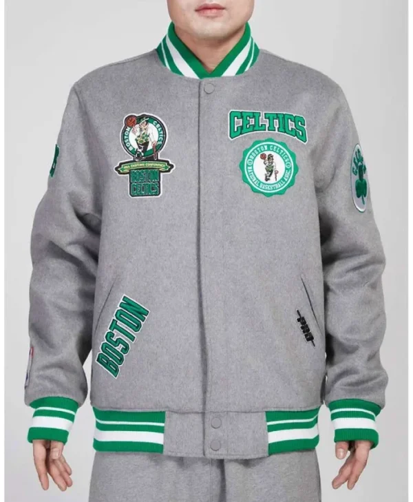 Crest Emblem Boston Celtics Heather Full-Zip Grey Wool Jacket