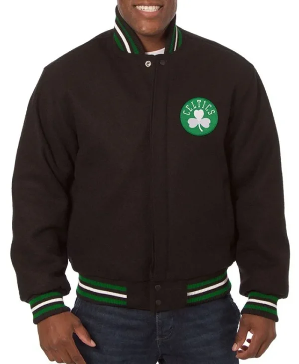 Boston Celtics Embroidered Black Full-Snap Wool Varsity Jacket