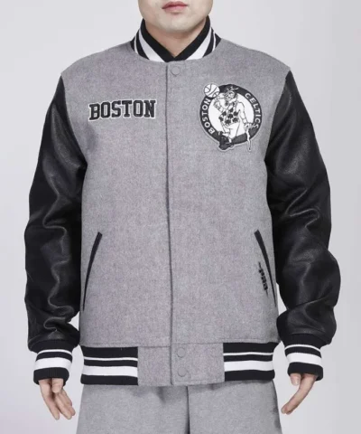 Boston Celtics Gray and Black WoolLeather Varsity Jacket