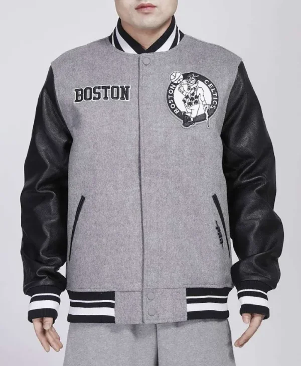 Boston Celtics Gray and Black WoolLeather Varsity Jacket