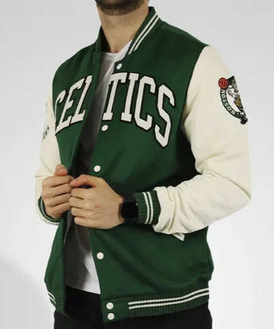 NBA Boston Celtics Green and Off White WoolLeather Jacket