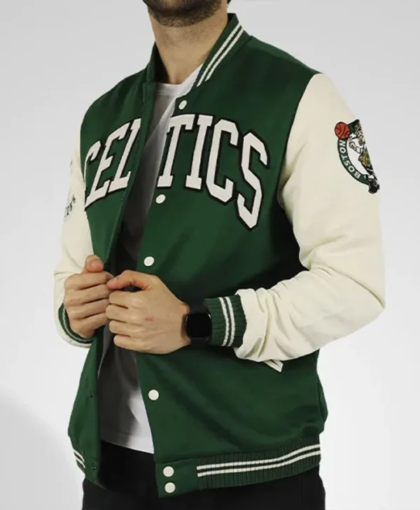 NBA Boston Celtics Green and Off White WoolLeather Jacket