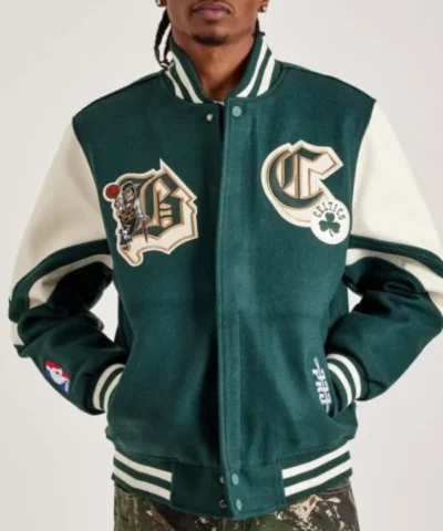 NBA Boston Celtics Green and Off White Full-Zip Varsity Jacket