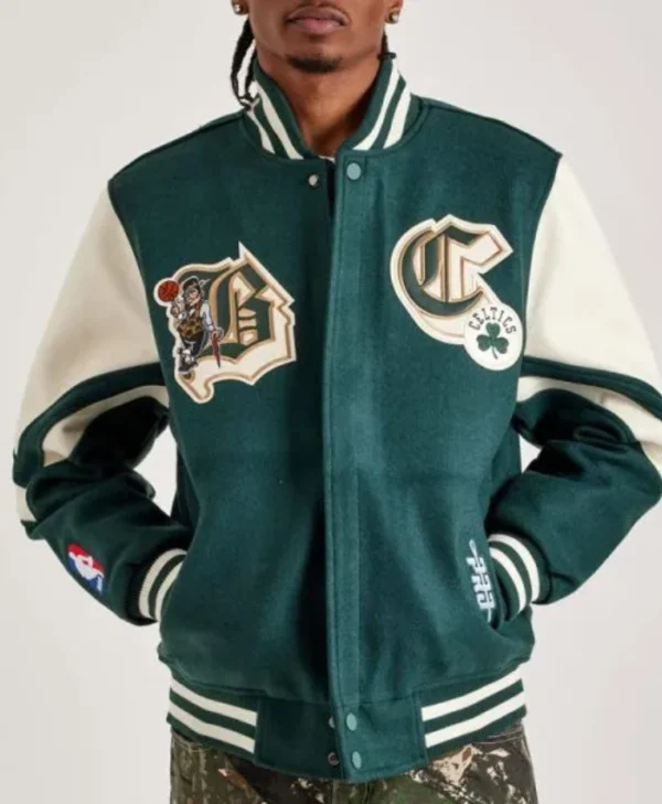 NBA Boston Celtics Green and Off White Full-Zip Varsity Jacket