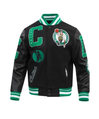 Shop Boston Celtics Mashup Classic Rib Varsity Black WoolLeather Jacket