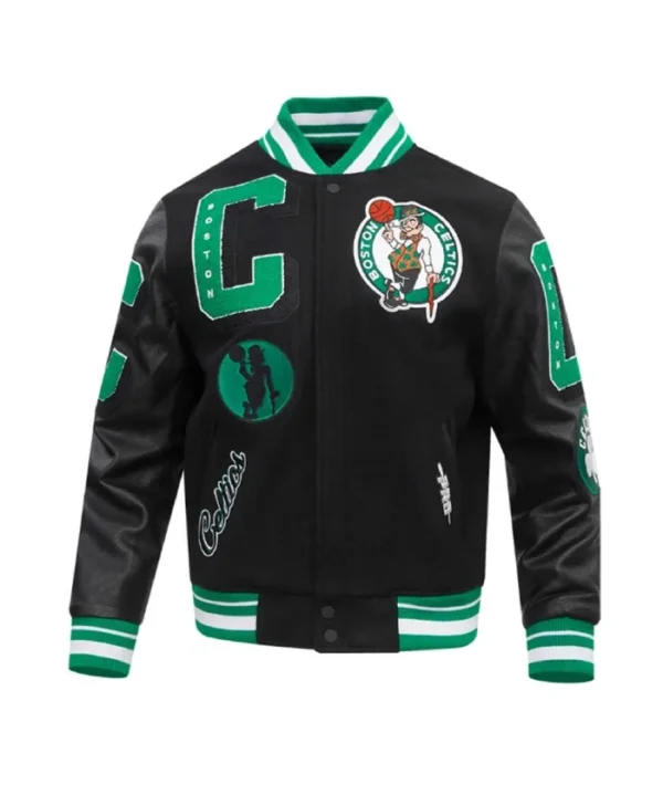 Shop Boston Celtics Mashup Classic Rib Varsity Black WoolLeather Jacket